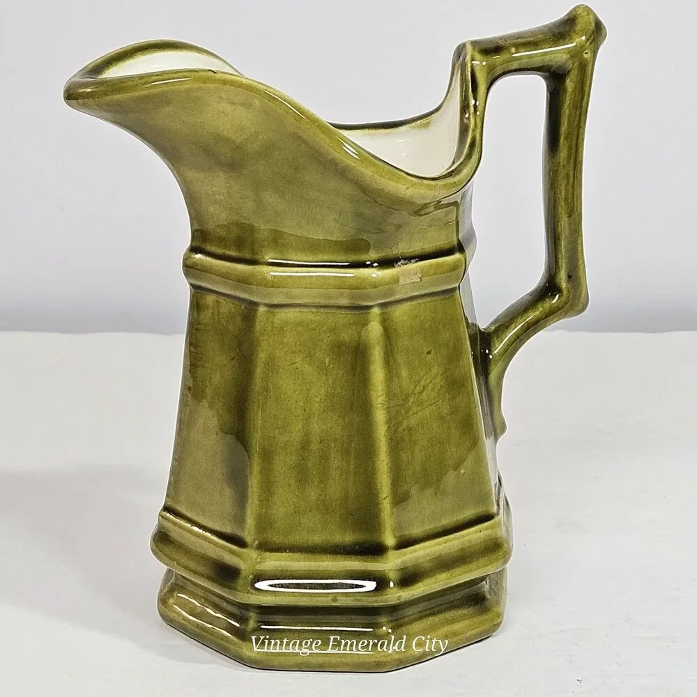 Vtg Studio Pottery Creamer Olive Green Paneled Octagon Mini Stone Pitcher Signed